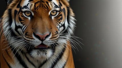 Fototapeta premium Majestic tiger portrait, zoo enclosure, blurred background, wildlife conservation
