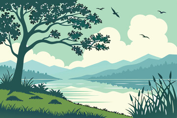 Obraz premium 33 Serene landscape, peaceful lake reflection, vibrant green foliage, distant mountains, fluffy white clouds, blue sky, sunrise or sunset, birds in flight, tree silhouette, tranquil nature scene, digi