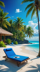 Holidays on the islands. Bali beach. Sun lounger on the ocean shore.