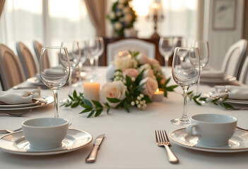 Fototapeta premium table set for a formal dinner with flowers and candles