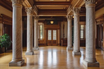 Grand hall with marble columns and polished wood floor leading to ornate wooden doors entrance area