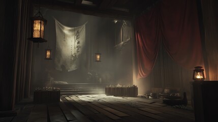 A dimly lit room with lanterns and draped fabric.