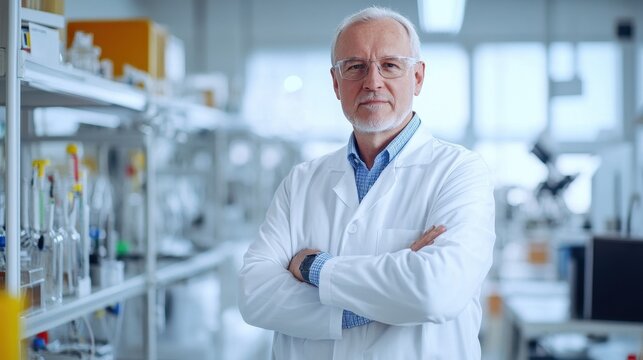 A senior male scientist poses confidently in a well-equipped laboratory, embodying expertise and professionalism in the field of scientific research and innovation.