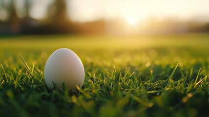 Fisheye angle minimalist photo of a white easter egg arrangement on fresh green grass with copy space around at sunset