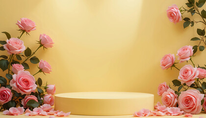 Blank podium with pink roses on yelow background. Showcase for product, perfume, jewelry and cosmetic presentation