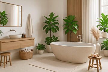Minimal boho bathroom with indoor plants and natural light