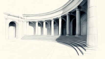 A hauntingly beautiful architectural sketch featuring grand columns and sweeping steps in a classical setting.