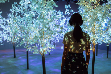 immersive memory garden, glowing trees react to user presence and voice