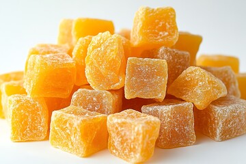 Close Up Of Dried Mango Cubes Pile On White Background Ready To Eat