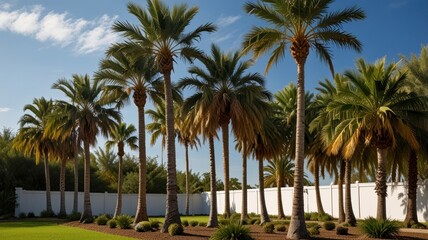 Fototapeta premium Palm trees line a white wall, sunny day, green lawn
