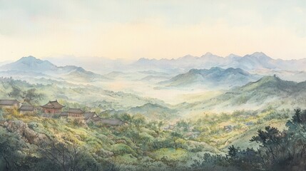 Fototapeta premium A tranquil view captures traditional buildings nestled among rolling hills as soft morning light bathes the misty landscape, creating a peaceful atmosphere