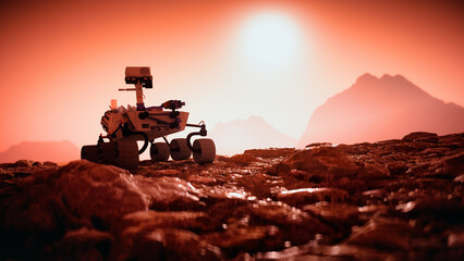 a mars rover explores the red planet (3d rendering)
