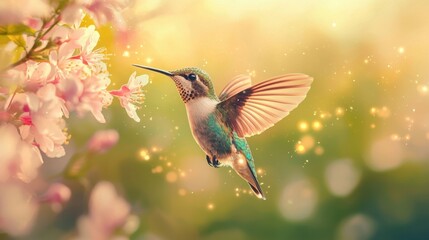Fototapeta premium A vibrant hummingbird is delicately hovering near pink flowers, its wings a blur of motion as the soft sunlight illuminates the garden. The scene is tranquil and enchanting