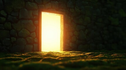 A glowing door opens in a stone wall, illuminating lush green grass, suggesting new beginnings