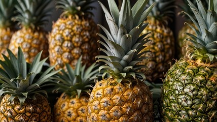 Obraz premium Ripe pineapples at market, close-up