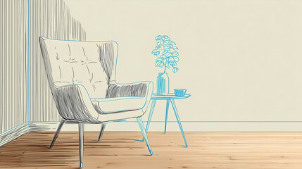 Fototapeta premium Modern Armchair Illustration: Scandinavian Decor, Minimalist Interior Design, and Chic Furniture in Cozy Living Room