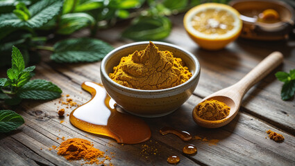 Turmeric Powder In Bowl With Lemon And Mint Still Life Composition