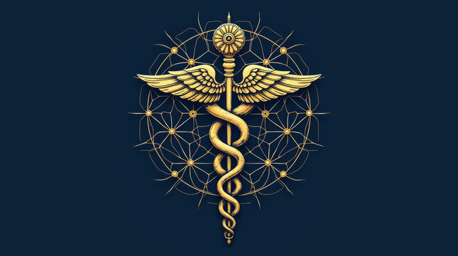 Generative AI Golden Caduceus Medical Symbol Art Caduceus Medical Symbol Gold Snake Wings Staff Dark Blue Background Geometric Pattern Illustration Medicine Health Healing Trust Science