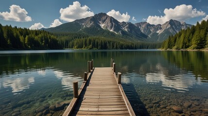 Serene mountain lake pier reflection summer tranquility nature