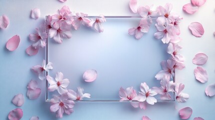 Fototapeta premium Springtime Bloom: A soft and delicate arrangement of cherry blossom and petals, forming a serene frame, evokes feelings of peace and renewal.