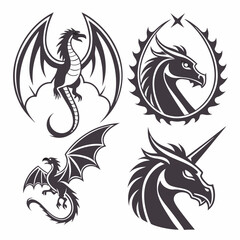 Dragon tattoo design set features tribal vector illustrations of mythical animal silhouettes, a fantasy art symbol