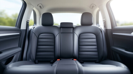 Interior of a modern car showing empty black leather seats and seatbelts, ready for passengers