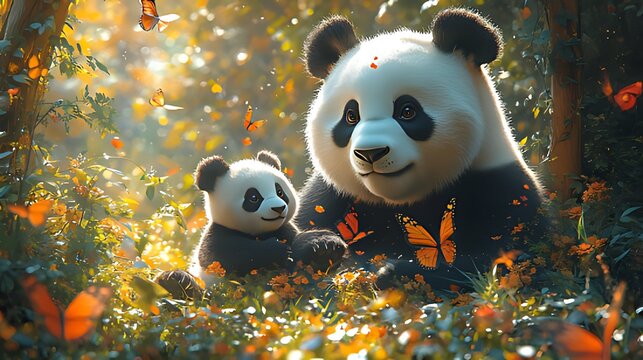 Fototapeta Pandas, forest, butterflies, sunlight, family, nature, digital art, illustration, child, love