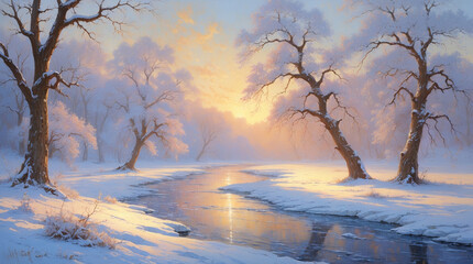 Serene winter sunrise over a snow-covered river, with frost-kissed trees and soft, golden light illuminating a peaceful landscape.