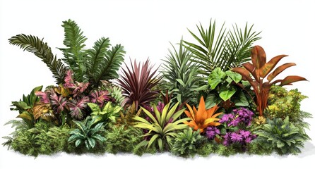 Lush tropical plant border.  A vibrant array of tropical foliage, showcasing various textures and colors.  The arrangement suggests a lush, natural garden bed