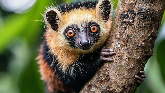 Close-up of a vibrant, curious tree-dwelling animal perched on a branch in a lush forest