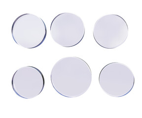 Set of transparent glass discs on a transparent background. Purple shade of circles. 3D render. High-resolution PNG with circular elements.