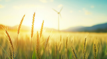 Obraz premium Golden wheat field glowing at sunset, windmill silhouetted against warm sky, representing renewable energy and agricultural harmony