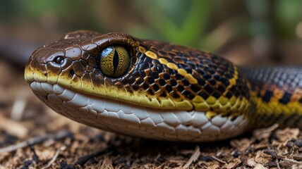 Obraz premium Snake head close-up, rainforest floor, blurred background, wildlife photography