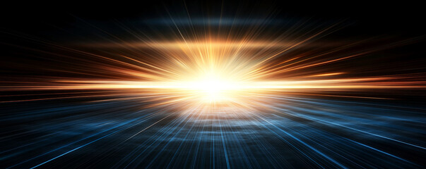 Vibrant orange and blue luminous lines radiating from central light source, spreading across dark background with intense, energetic glowing lens flare