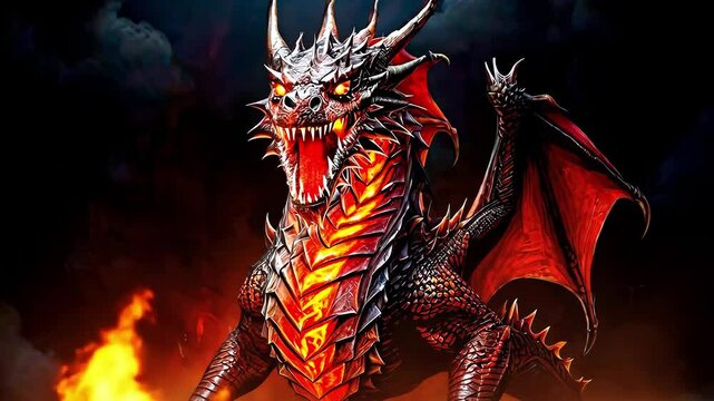 A giant fierce dragon with scales and glowing eyes in a burning flame of fire and smoke on a black background. Mythological creature, animation, dark fantasy illustration, fiery setting