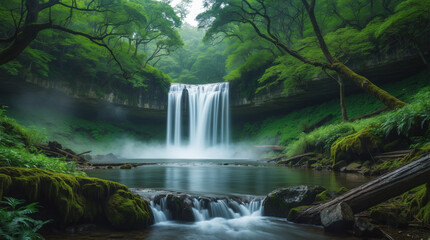 Serene waterfall cascading through lush, vibrant green forest, a tranquil oasis of misty peace and natural beauty.