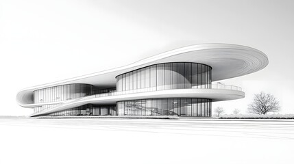 A sleek modern airport terminal with curved roofs and large open spaces