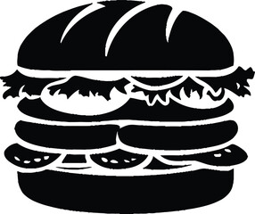 Striking black and white vector illustration of a burger silhouette.