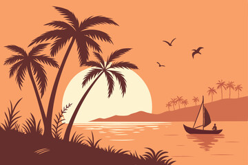 34 Tropical sunset, beach silhouette, palm trees, orange sky, calm ocean, small boat, flying birds, vibrant colors, minimalist style, vector art, peaceful atmosphere, warm tones, serene landscape, ref