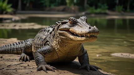 Obraz premium Spectacled caiman basking, sunny pond, tropical wildlife