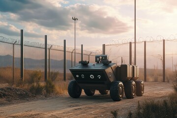 Fototapeta premium Advanced robotic vehicle patrolling a secure area near a fence at sunset