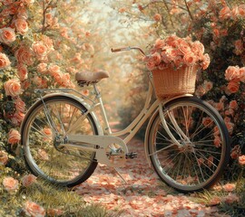 Fototapeta premium Vintage Bicycle with Roses in a Basket amid a Lush Blooming Rose Garden