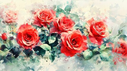 Obraz premium Bright red roses create a striking visual in a painterly style, surrounded by lush green leaves. Their blooms capture the essence of spring in a delightful way