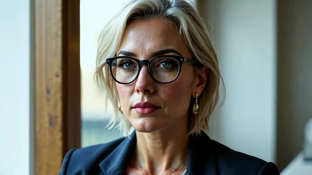 Business woman looks seriously and listens attentively to the interlocutor