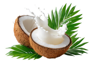Vibrant tropical coconut half with clear juice splashing outward and fresh green palm leaves resting beside, Isolated on Transparent Background