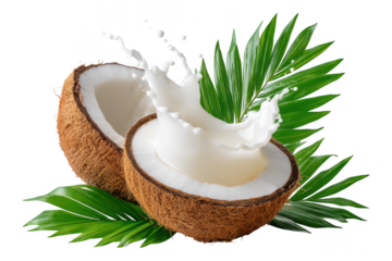 Vibrant tropical coconut half with clear juice splashing outward and fresh green palm leaves resting beside, Isolated on Transparent Background