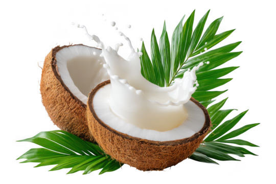 Vibrant tropical coconut half with clear juice splashing outward and fresh green palm leaves resting beside, Isolated on Transparent Background