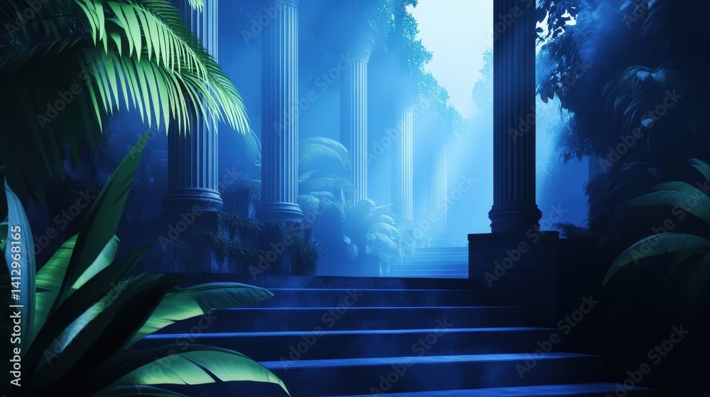 Wall mural serene misty steps leading to ancient columns in a lush, mysterious jungle setting