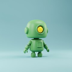 Cute green robot on minimalist blue background for technology design