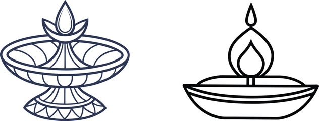 Two Traditional Diwali Oil Lamps Outlines For Hindu Festival Of Lights